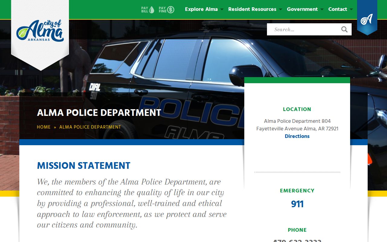 Alma Police Department page with city police and court information