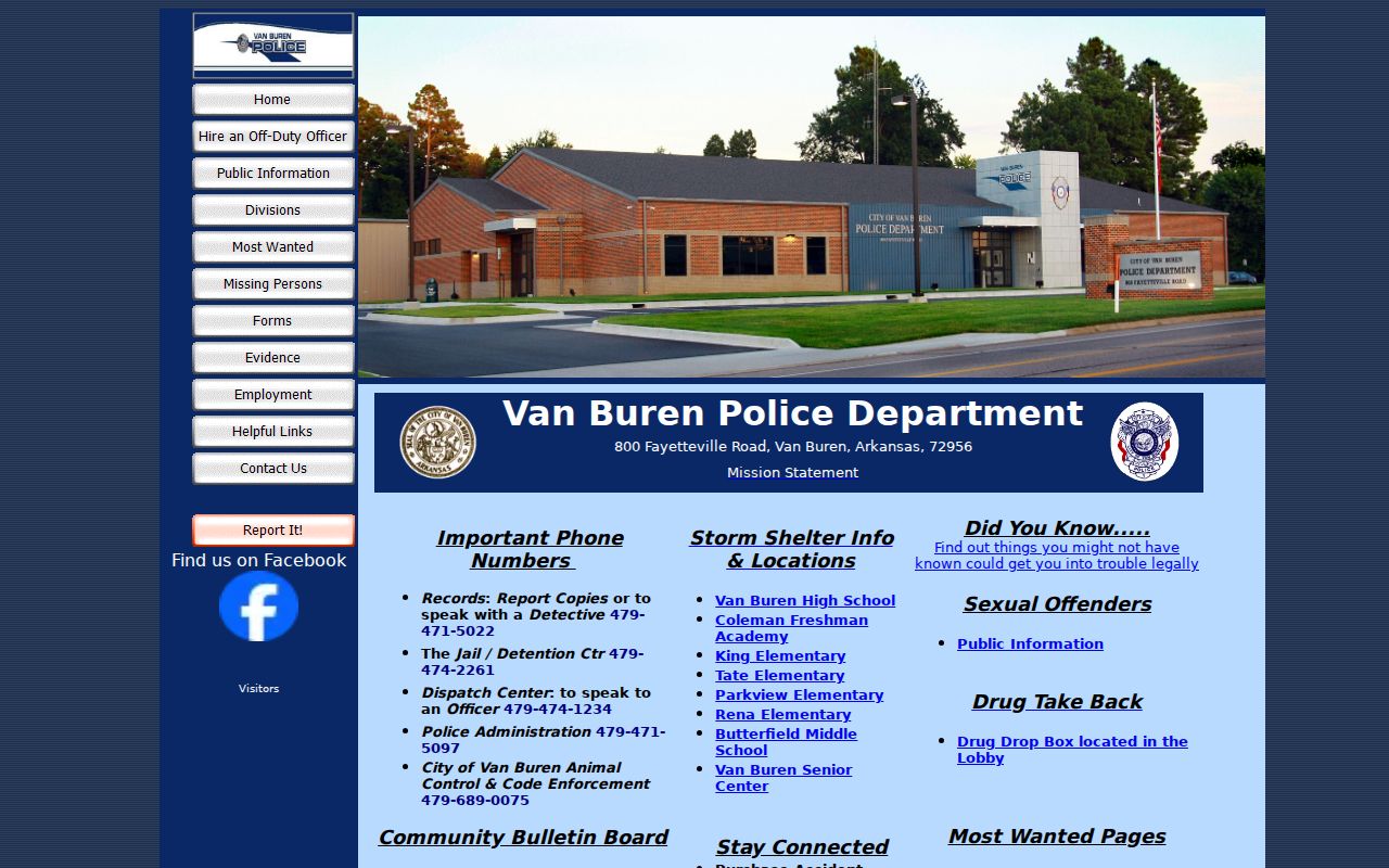 Van Buren Police Department website showing local police records navigation