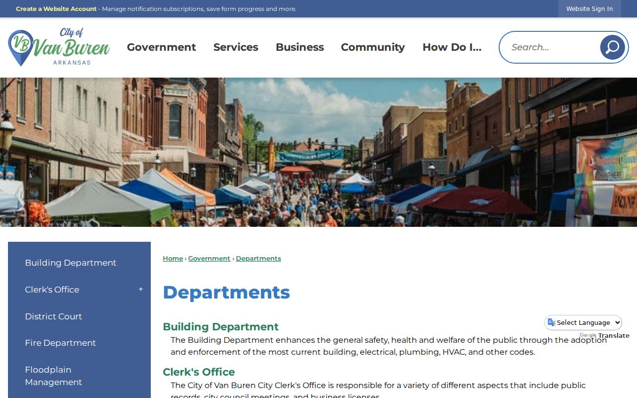 City of Van Buren departments page listing city offices including court and clerk functions