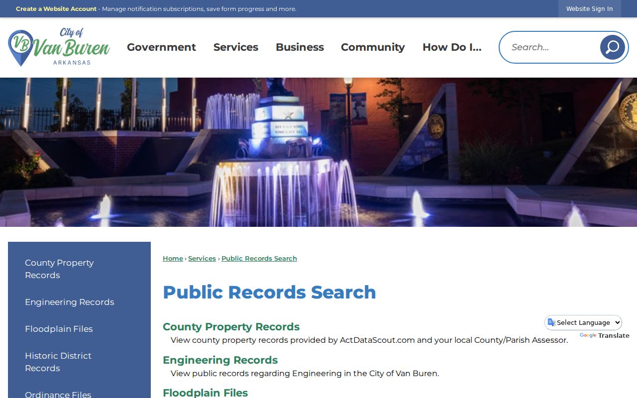 Van Buren public records search page for ordinances planning resolutions plats and municipal code